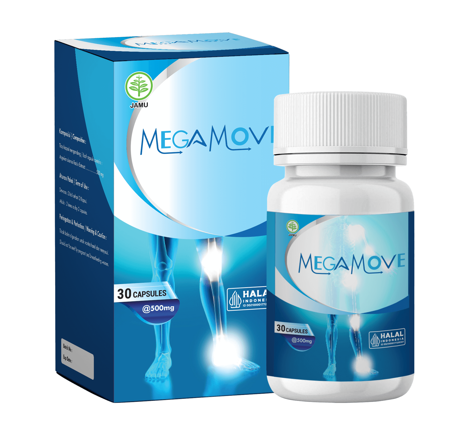 Kemasan produk Megamove untuk dukungan sendi optimal